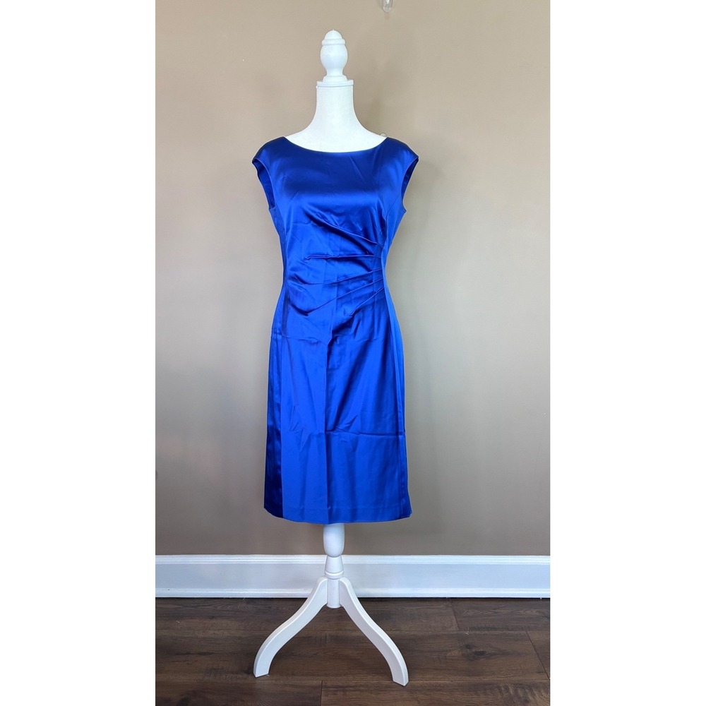 Lauren Ralph Lauren Womens Royal Blue Satin Ruched Sheath Dress Size 6 Cap Sleev